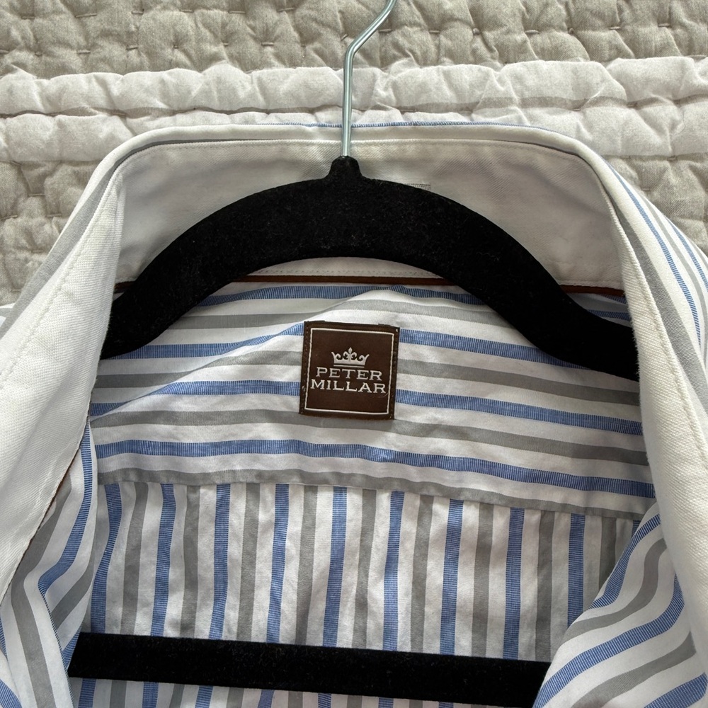 Men’s Peter Millar Blue and White Vertical Stripe Dress Shirt, Size Medium - Picture 8 of 8